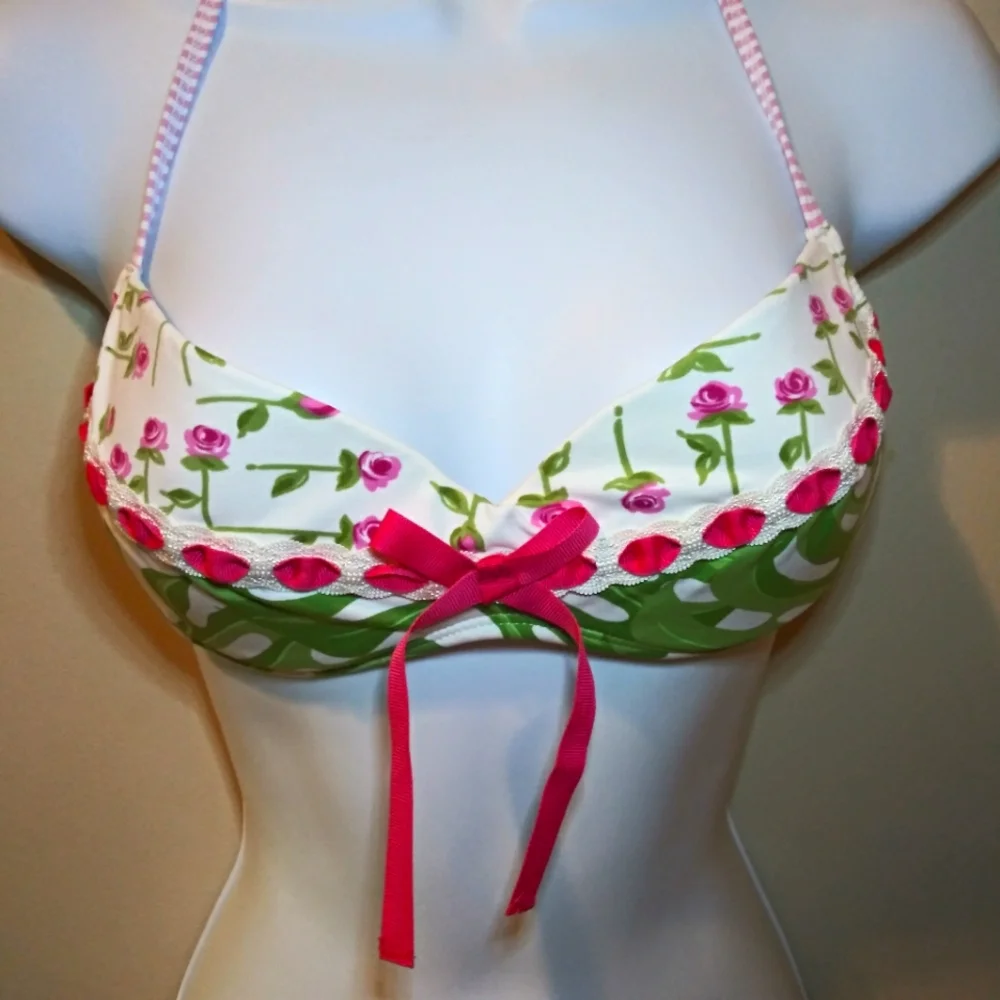 Letarte Maui Hawaii Hot Pink & Green Rose/Palm Print Bikini Top - Picture 2 of 9